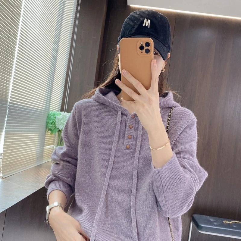 2025秋季新款精致设计高级时尚感休闲帽衫毛衣连帽针织紫色上衣女
