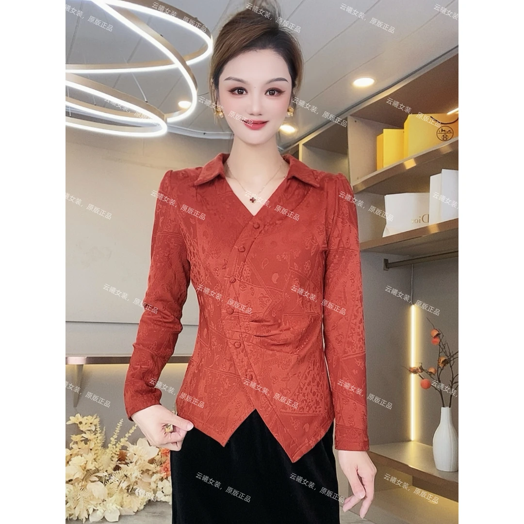 【89105】提花小衫 一体绒秋季新款百搭半开领收腰显瘦长袖上衣