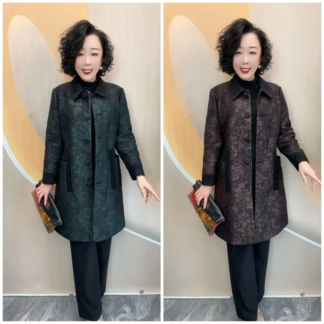 105新款优雅妈妈二棉服时尚洋气宽松大码中长厚大衣外套，94衣长