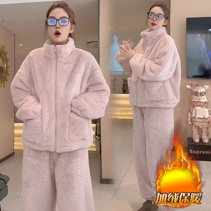 正品【升级加厚】冬季睡衣情侣男女加绒保暖宽松大码家居服可外穿