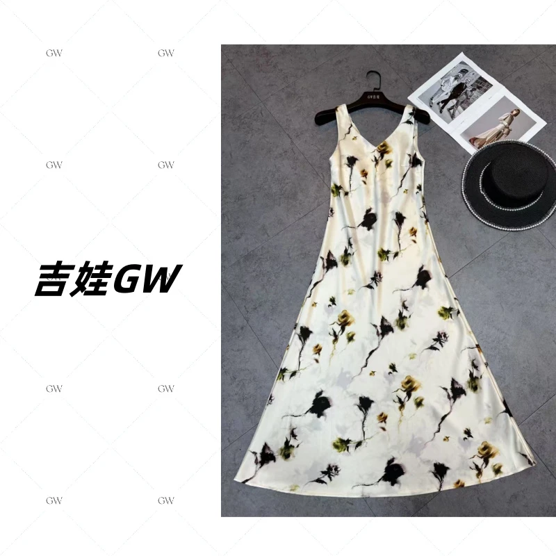 GW重磅三醋酸缎面【水墨玫瑰】v领百搭显瘦时尚百搭背心连衣裙25c-1
