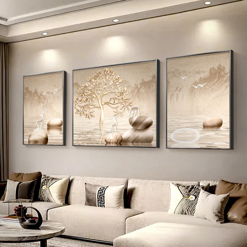 发财树客厅装饰画石来运转沙发背景墙挂画现代轻奢高级感三联壁画