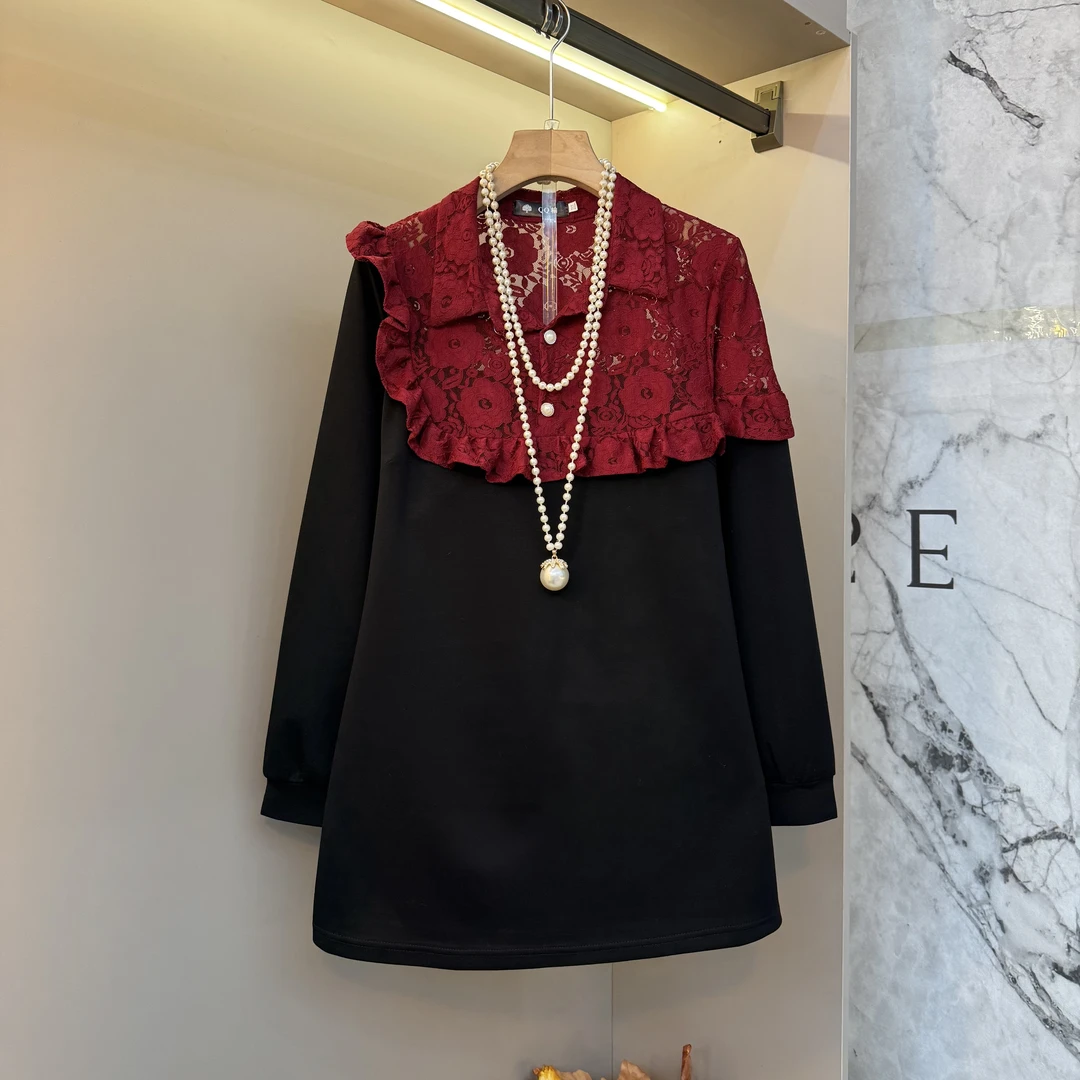 欧货洋气气质休闲百搭蕾丝拼接宽翻领显瘦设计感设计上衣9122