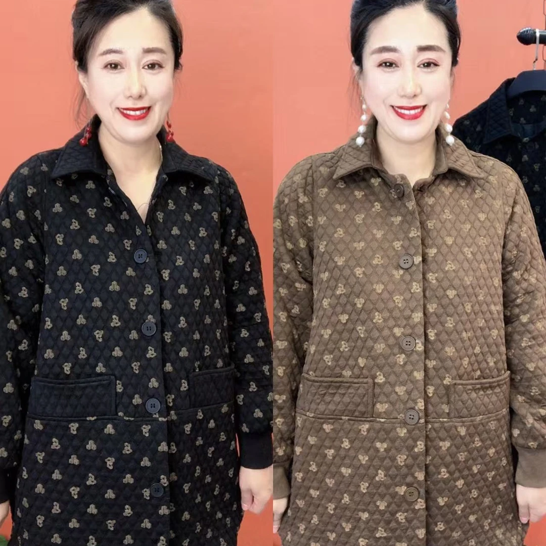 夫能710中年妈妈中长款休闲印花加厚春秋季风衣加肥加大码外套