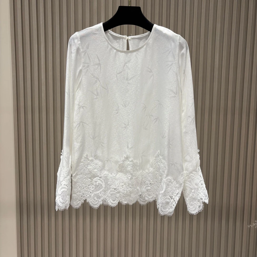 天丝内搭气质长袖白色时尚打底镂空圆领上衣A179