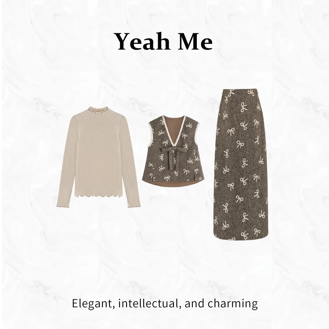 Yeah Me/也觅【蝴蝶结语】秋冬新款复古风慵懒感羊毛马甲半身裙套装