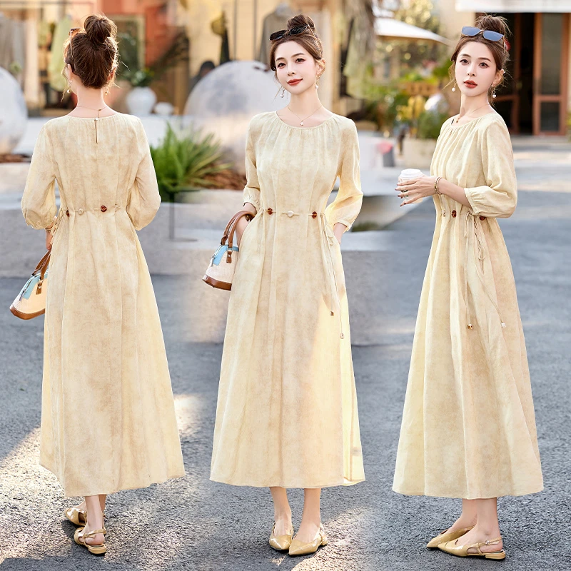 法式圆领连衣裙女2025年夏季新款串珠系带大裙摆收腰显瘦A字裙