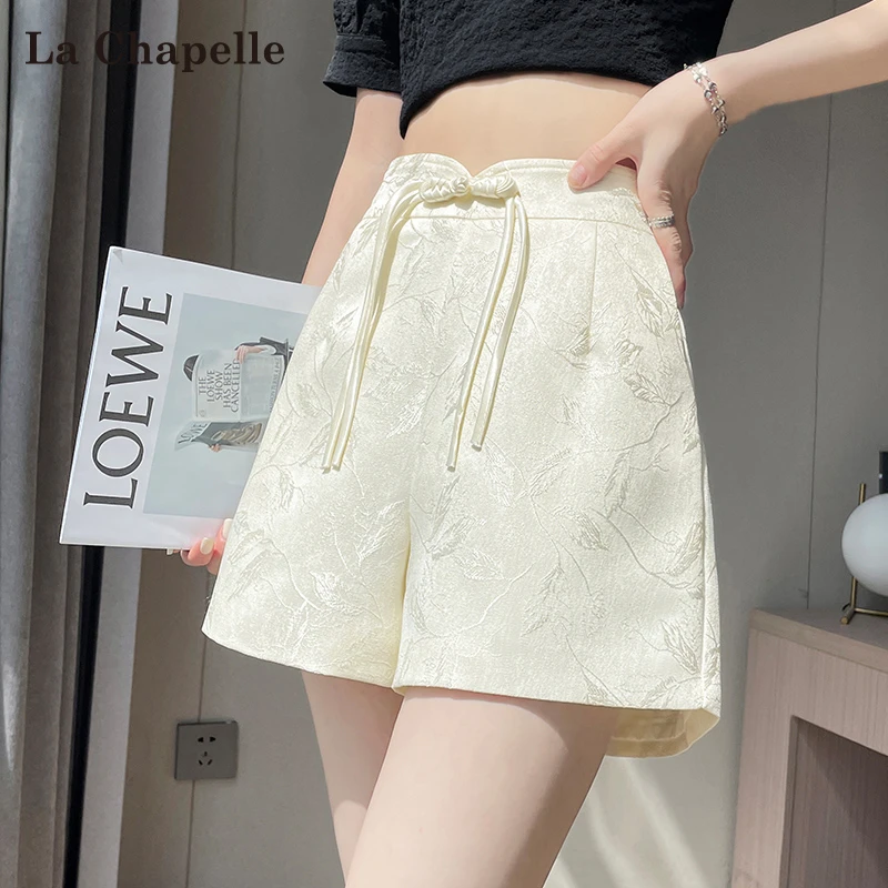 拉夏贝尔新中式缎面提花冰丝短裤女夏季2025新款高腰a字阔腿热裤