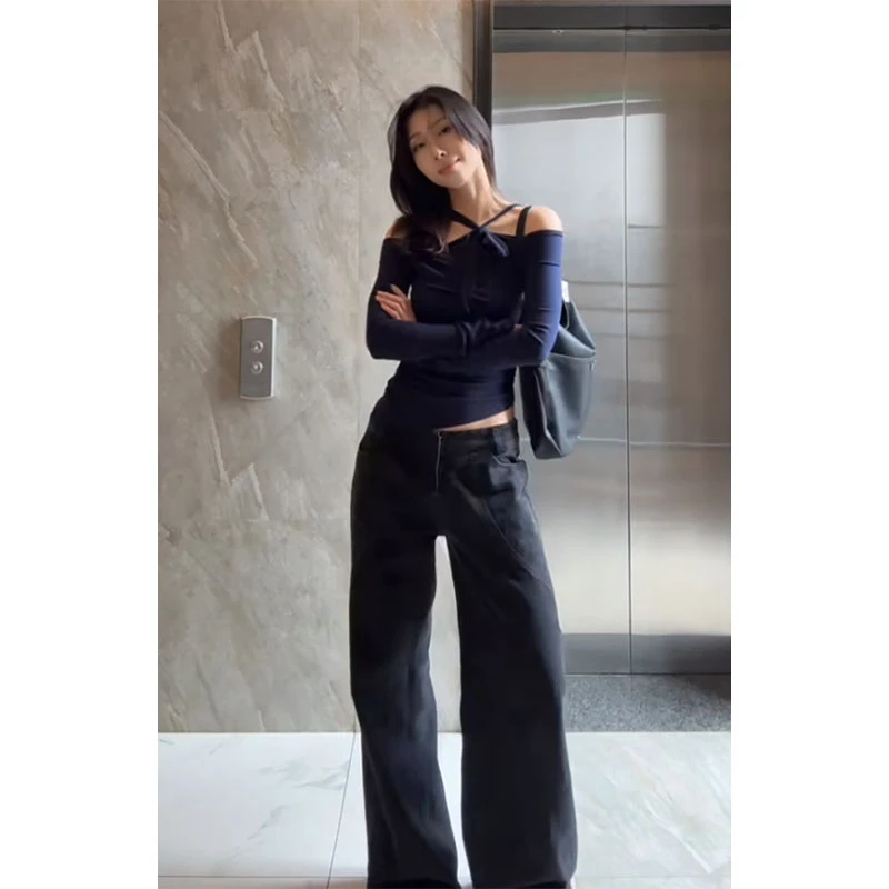 新款休闲一字肩纽结内搭打底t恤长袖上衣修身高腰宽松百搭阔腿裤