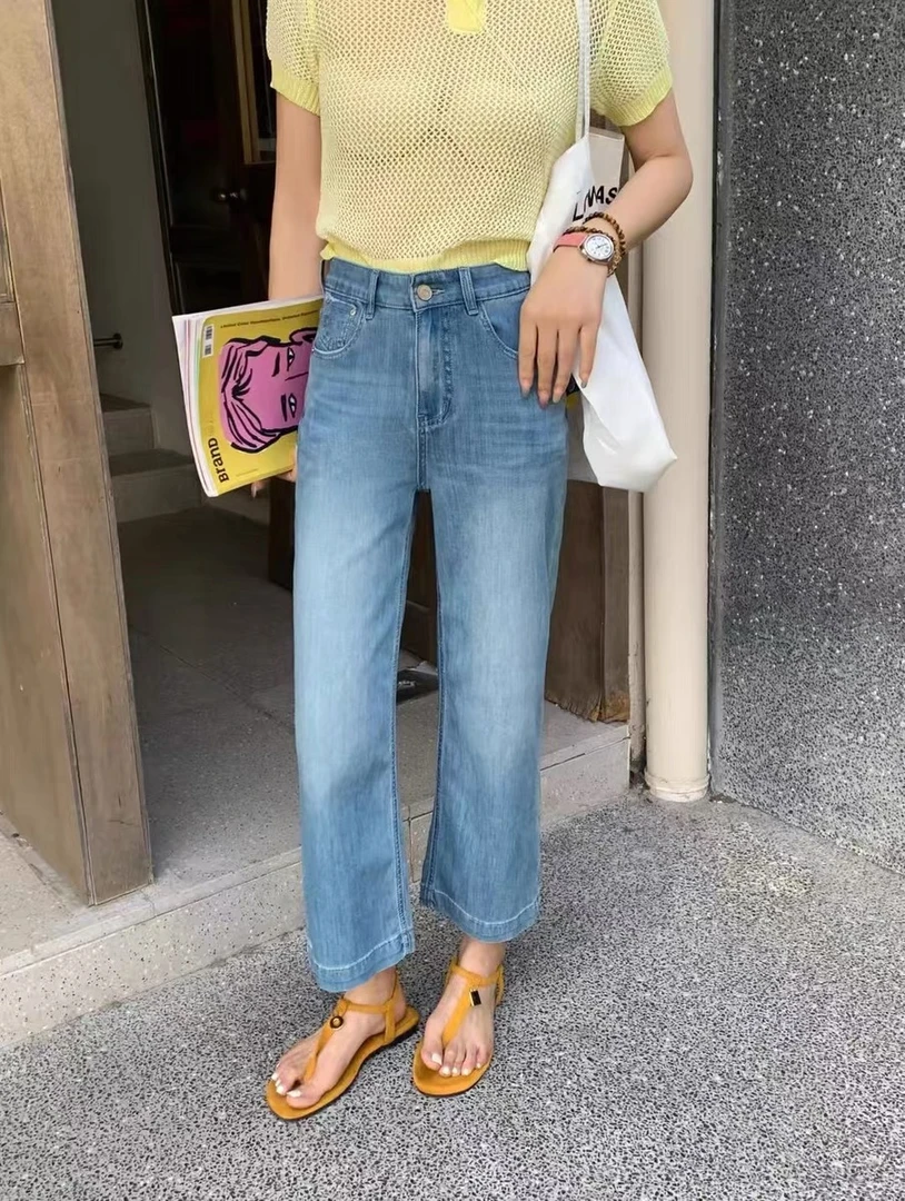 【25808】小松菜 莱赛尔四面弹夏季小个子直筒裤超薄醋酸牛仔