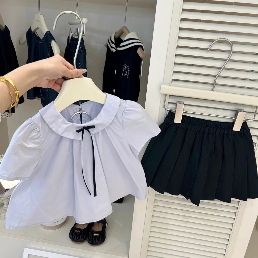 女童学院风百褶裙套装2025夏季新款洋气女宝宝夏装短袖衬衫两件套