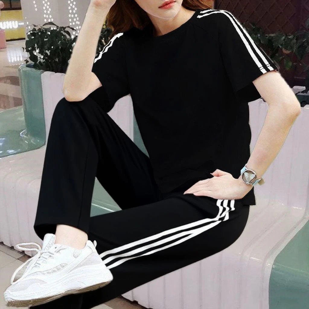 【两件套】休闲运动服套装女夏季韩版大码宽松时尚简约显瘦短袖长裤