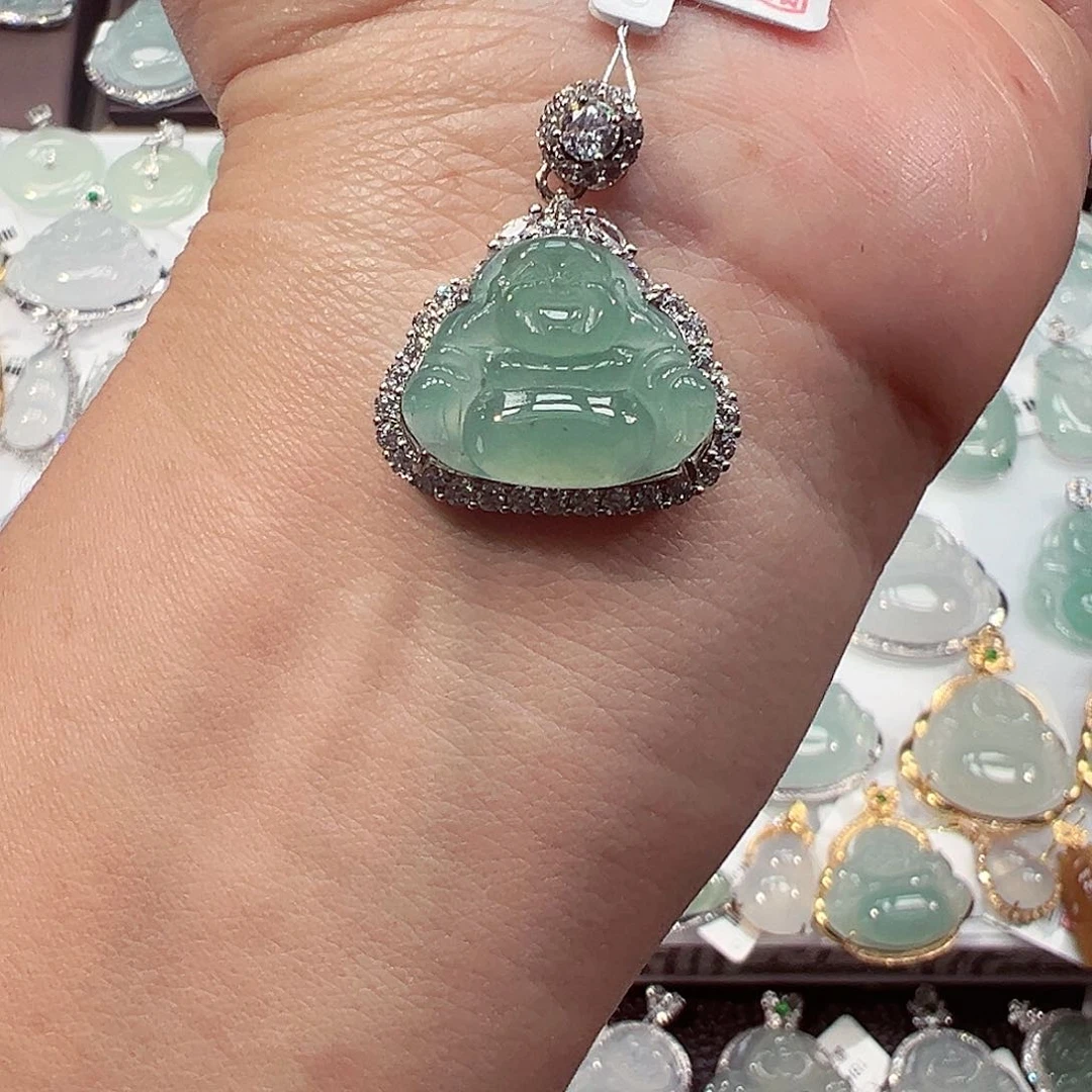 吊坠(不含链)银S925镀金镶嵌翡翠佛公