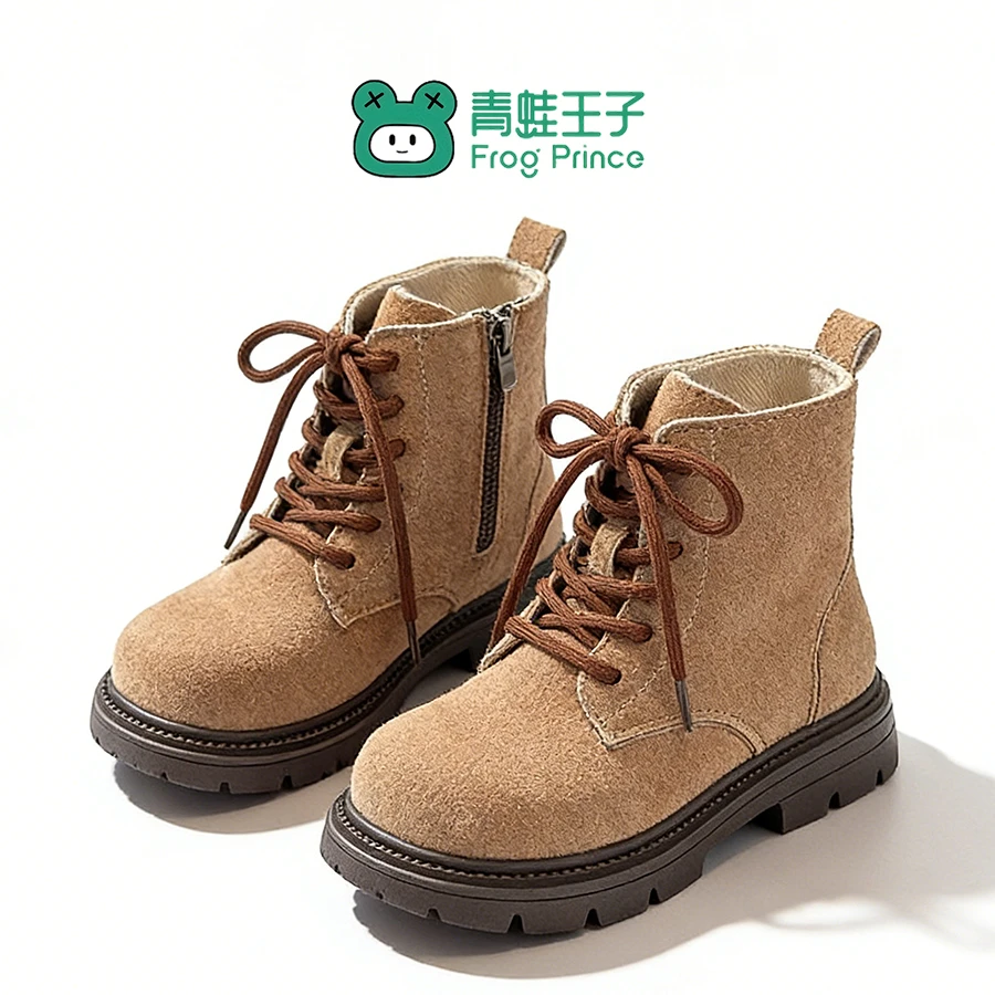 青蛙王子童鞋儿童加绒马丁靴韩版秋冬新款女童靴子二棉厚底工装靴