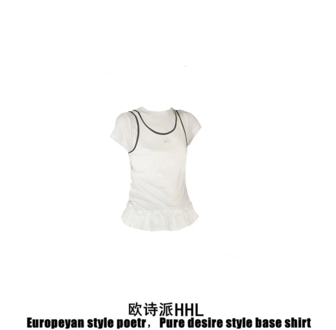 白色假两件正肩短袖T恤女夏季新款下摆花边修身百搭设计感上衣潮