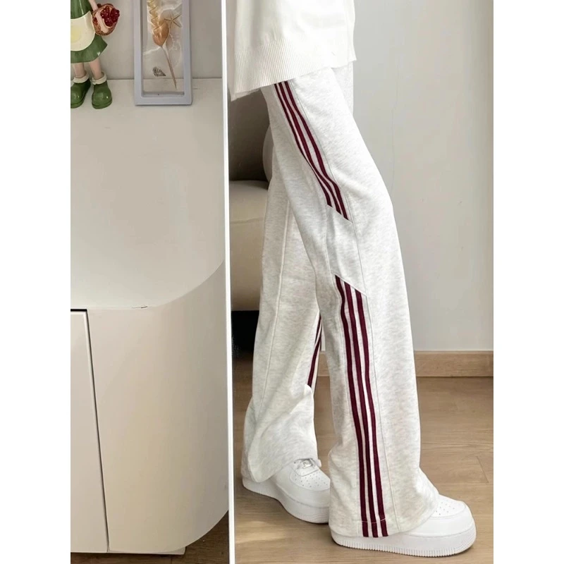 美式撞色条纹加绒灰色卫裤男款秋冬休闲百搭潮牌宽松阔腿休闲裤子