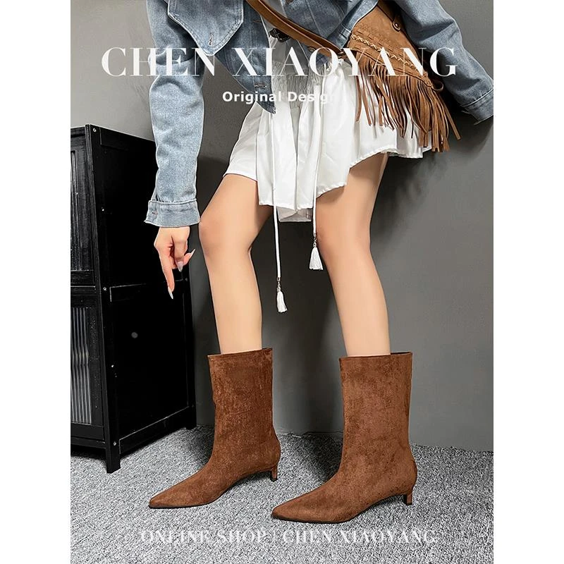 【CBMT旗舰店】正品新款西部靴女磨砂百搭中筒靴尖头单靴复古瘦瘦