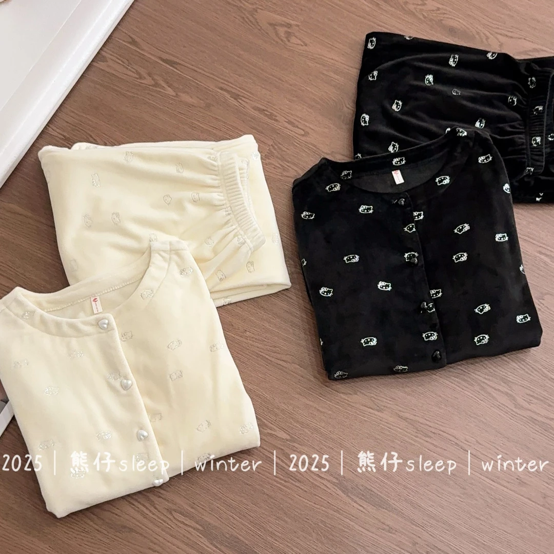 『繁星Kitty』秋冬睡衣女亲肤海岛绒绒保暖高贵气质长袖家居服套装
