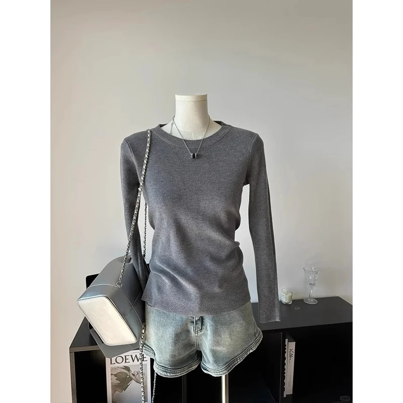 秋冬新款简约正肩圆领毛衣打底衫女高级感灰色针织长袖冬上衣内搭