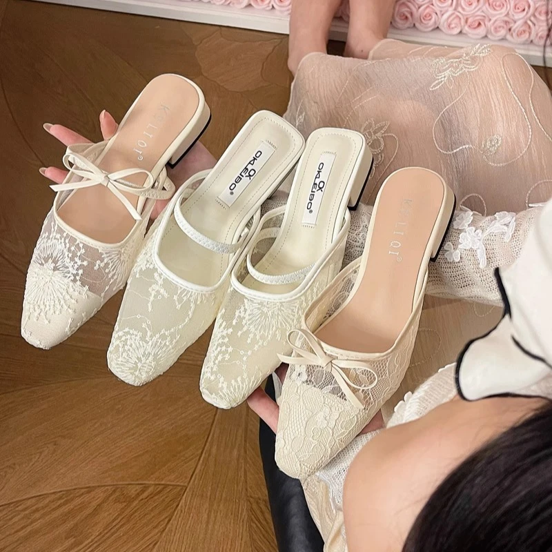 美猫汇真皮底粗跟温柔蕾丝包头半拖鞋女夏外穿仙女风蝴蝶结穆勒鞋
