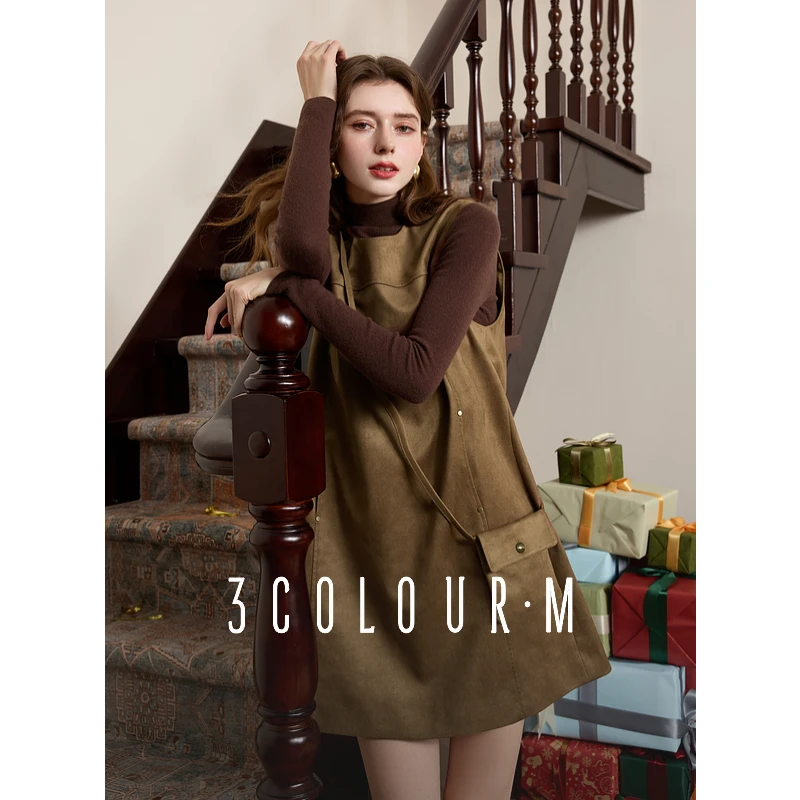 三彩2025春季新款仿麂皮绒直筒背心裙无袖连衣裙宽松短裙小众女M