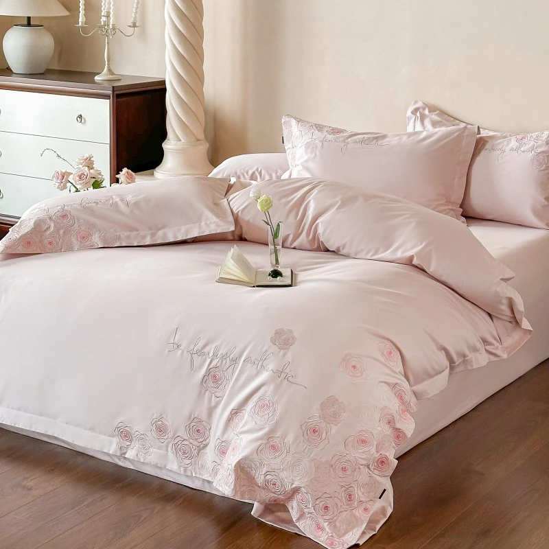 【MALGARI】伊芙琳玫瑰-粉全棉长绒棉四件套-刺绣款轻奢四件套