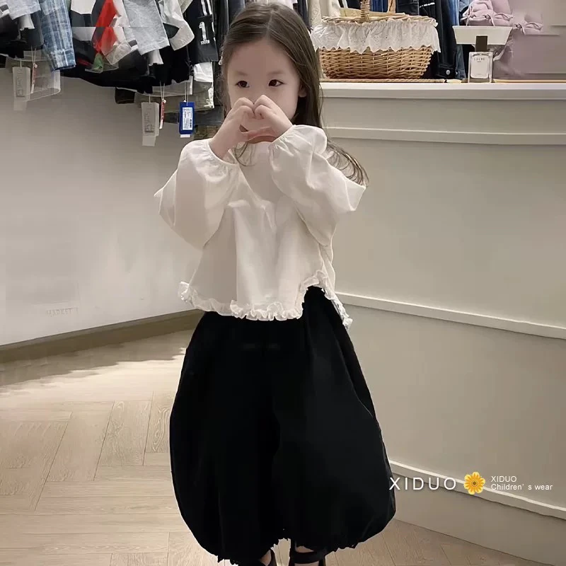 韩国白色女童长袖衬衫2025新款儿童花边娃娃衫宝宝韩版上衣+裤子