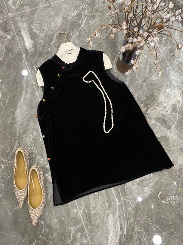 夏季新高品质中式复古立领斜襟彩色扣桑蚕丝丝绒马甲女