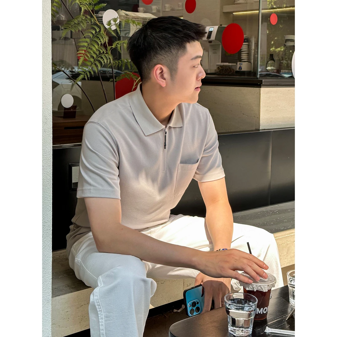 MR JIANYI春夏户外休闲透气隐形半拉链polo衫短袖翻领半袖T恤男装