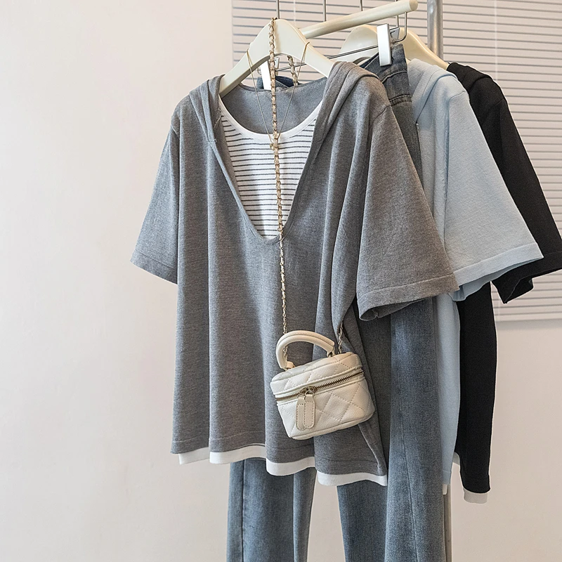 大码女装宽松休闲假两件连帽短袖T恤夏季新款胖mm遮肚打底衫上衣