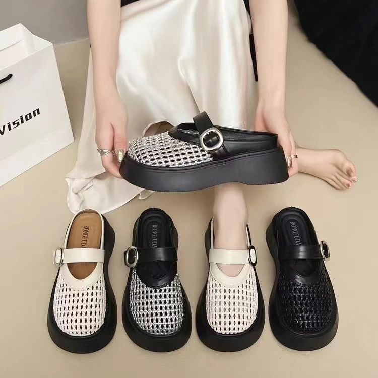 【8953】圆头包头小香风编织镂空网厚底凉拖百搭（跟高5）凉鞋夏季