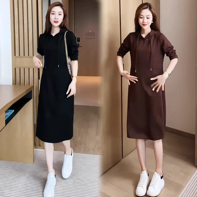La babite休闲卫衣连衣裙女春秋新款中长款时尚减龄长袖连帽裙子