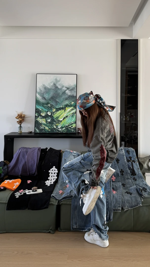 【CH工装】美式高街水洗十字架牛仔裤拼皮男女同款潮流时尚牛仔裤