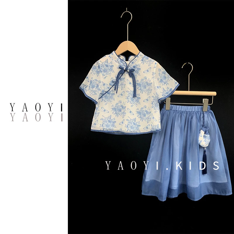 YaoYi.瑶壹【天青烟雨】女童复古女孩中式夏款中国风印花青花瓷裙子