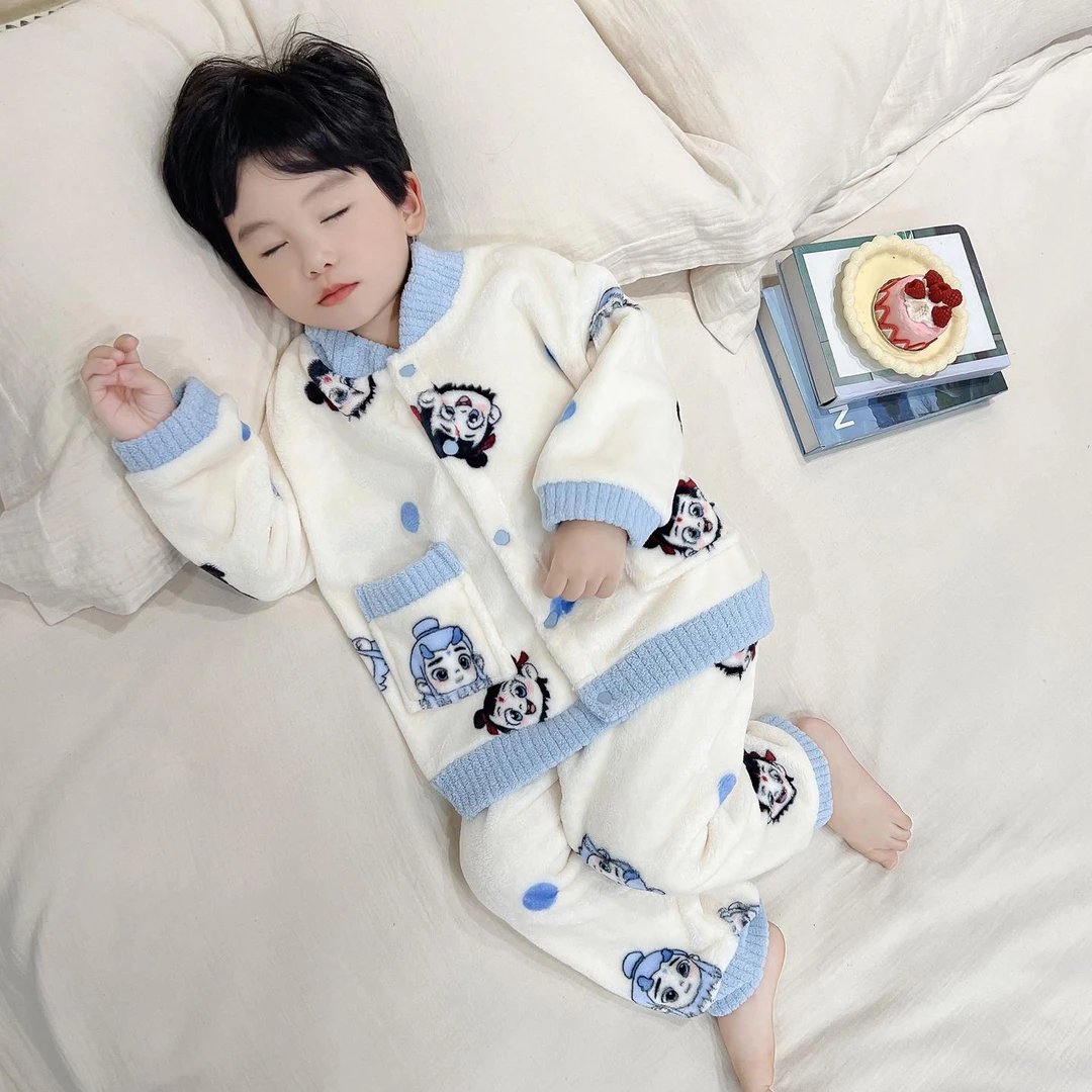男童法兰绒儿童睡衣秋冬季2025年新款宝宝哪吒小领套装加厚家居服