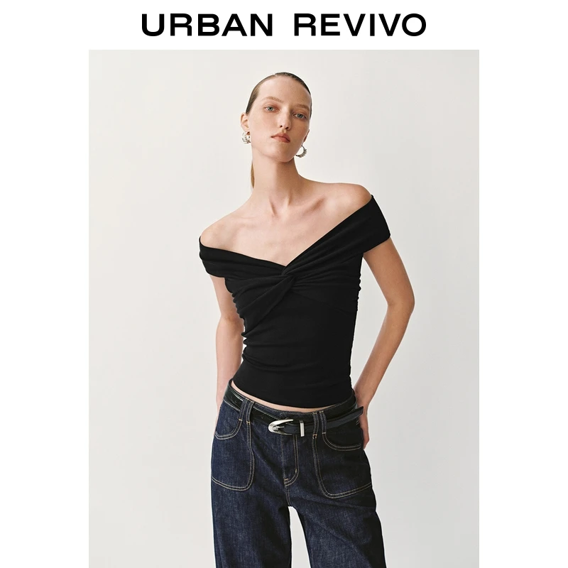 UR2025夏季新款女装气质氛围感褶皱修身一字露肩T恤UWG450119