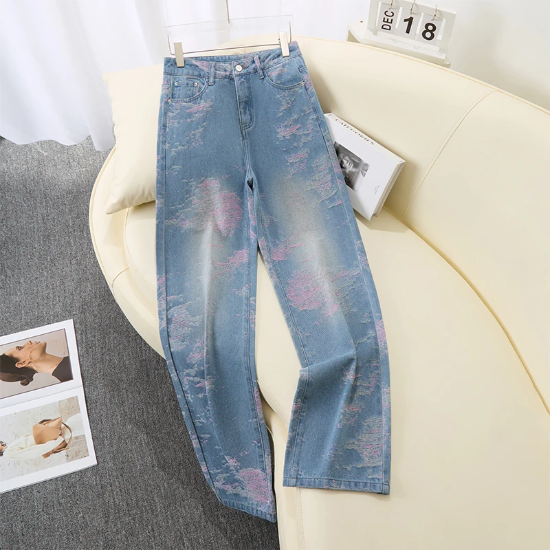 韩版小众提花设计宽松直筒牛仔裤女2025年春夏新款高腰显瘦阔腿裤