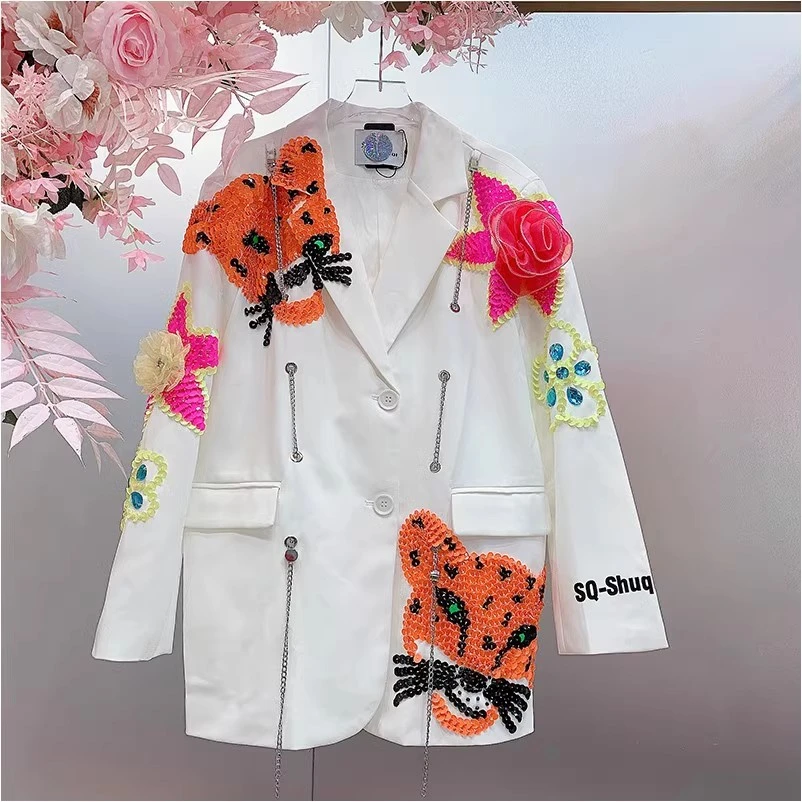 QD846欧美风设计师2024秋冬新款刺绣豹头链条立体花朵西服外套女
