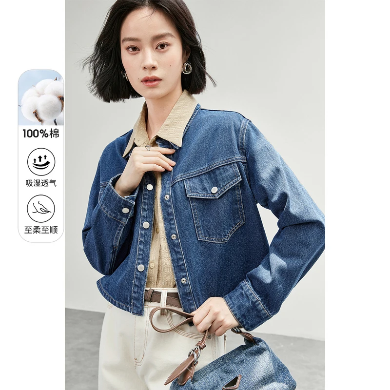 舒适休闲复古风牛仔外套小个子翻领四合扣长袖外套56032