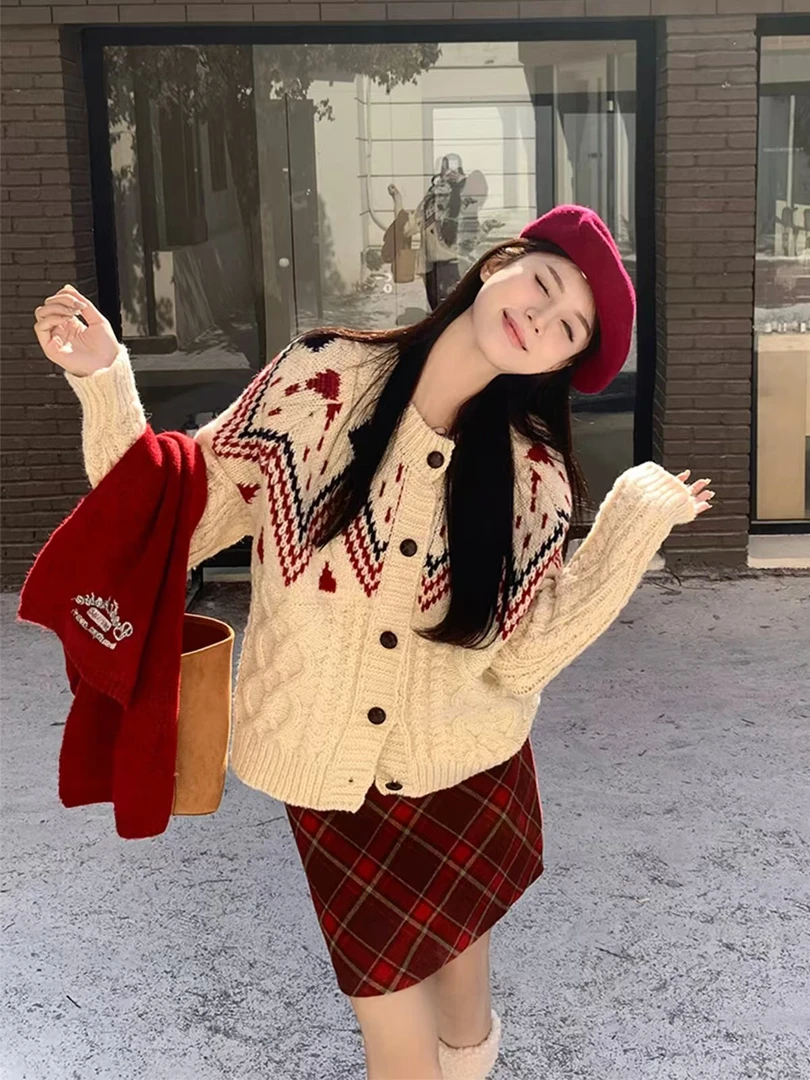 2025秋冬季新款洋气软糯加厚宽松麻花毛衣外套女撞色针织开衫