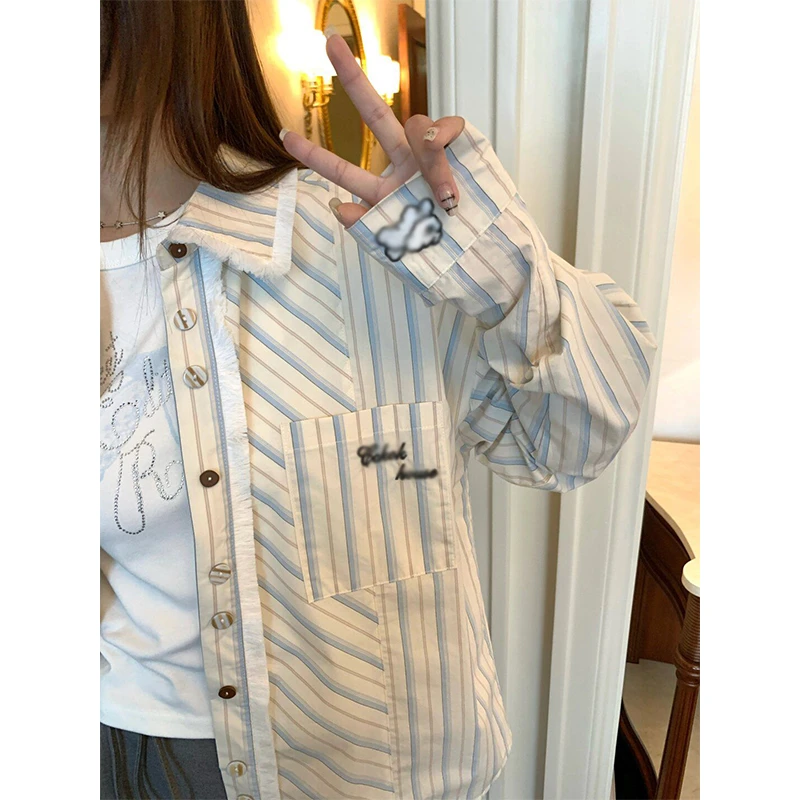 衬衫女款2025秋季新款韩版宽松休闲百搭条纹翻领日常通勤长袖上衣