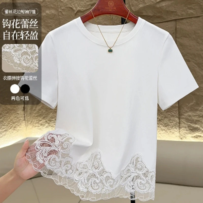 时尚气质简约宽松设计感上衣2025夏季新款蕾丝拼接白色短袖t恤女