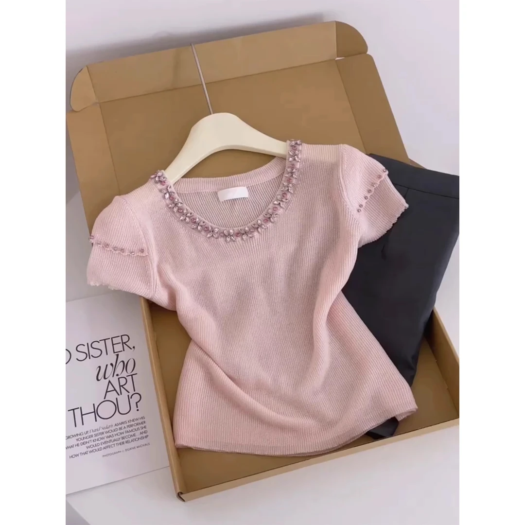 韩系粉色镶钻圆领短袖t恤女夏季新款修身女生韩系ins衣服上衣显瘦