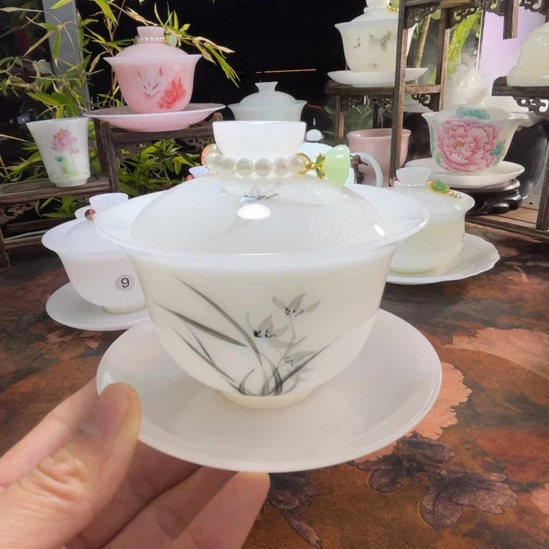 冰晶璞玉釉烧手绘墨兰