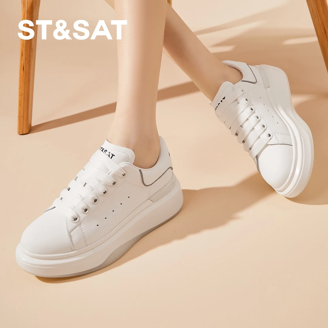 星期六真皮经典小白鞋女夏季圆头系带软底松糕休闲鞋厚底增高板鞋