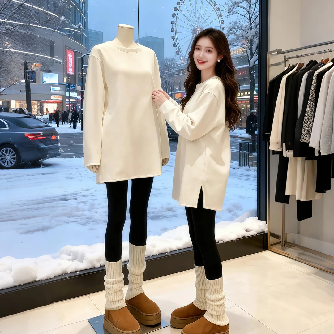 秋季叠穿宽松V领白色长袖T恤内搭女基础磨毛加绒开叉上衣长款打底