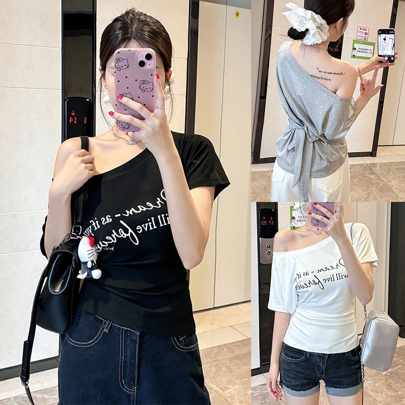 时尚字母印花夏季2025新款短袖T恤女宽松斜肩一字肩显瘦百搭上衣