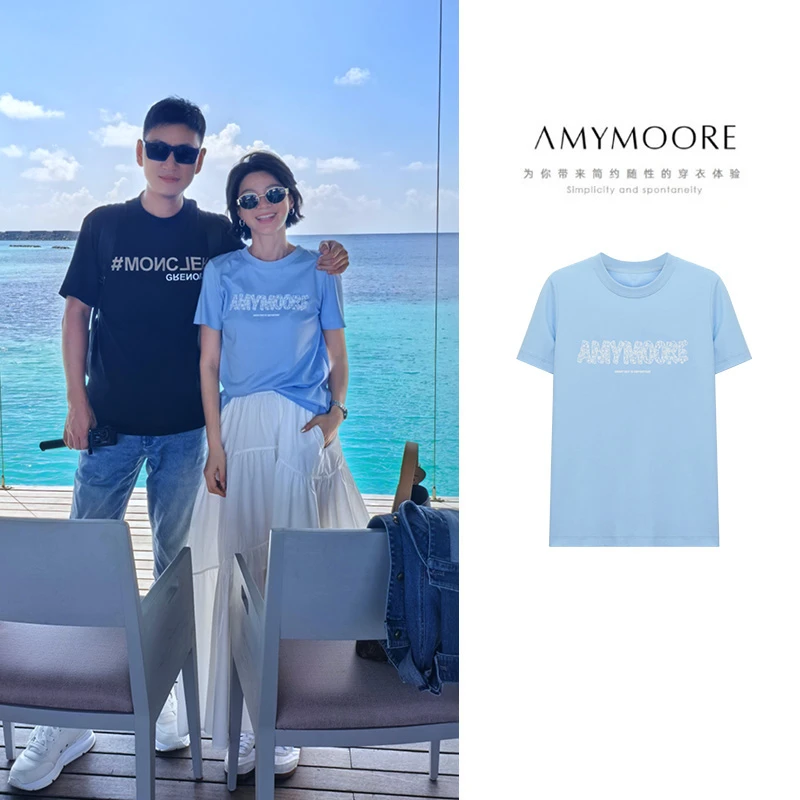 AMYMOORE艾莫尔2025年夏季女T恤印花蓝色纯棉短袖舒适休闲321186