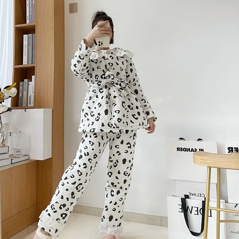 pinkgrape三层夹棉纯棉加厚绒女睡衣时尚黑白豹纹韩版甜美家居服