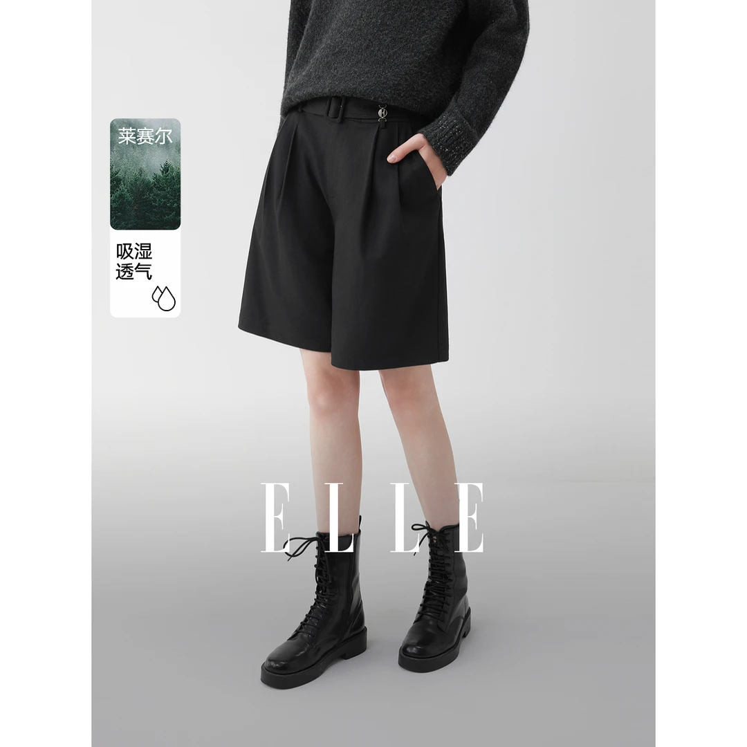 ELLE女装绵羊毛短裤2025秋新款松弛感宽松毛呢直筒裤子EK52981